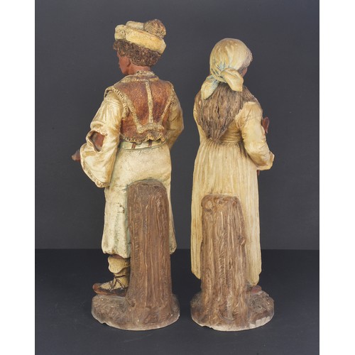 466 - A Pair of Continental Pottery Studies of the Mandolin & Violin Player. Standing: 41cms High. (AF).