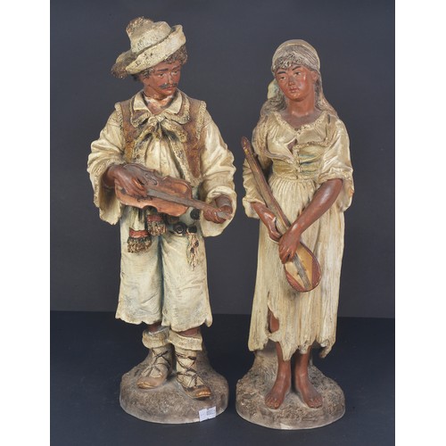 466 - A Pair of Continental Pottery Studies of the Mandolin & Violin Player. Standing: 41cms High. (AF).