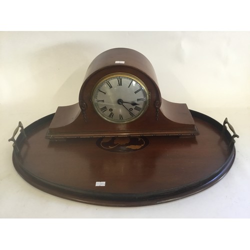 467 - A Satinwood inlaid Two Handled Tea Tray with floral inlay & a Mahogany Cased Bracket Clock.