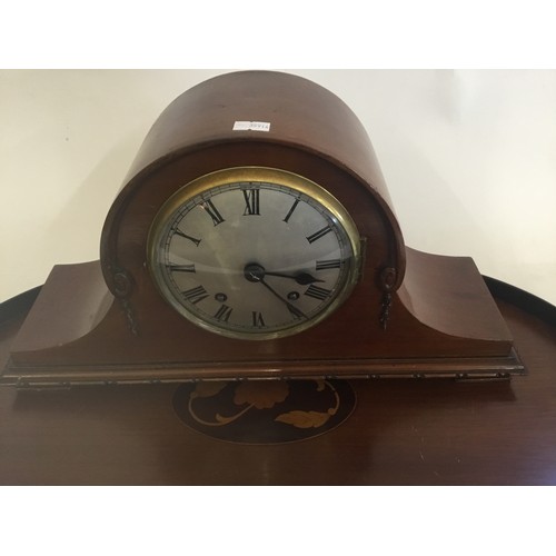 467 - A Satinwood inlaid Two Handled Tea Tray with floral inlay & a Mahogany Cased Bracket Clock.