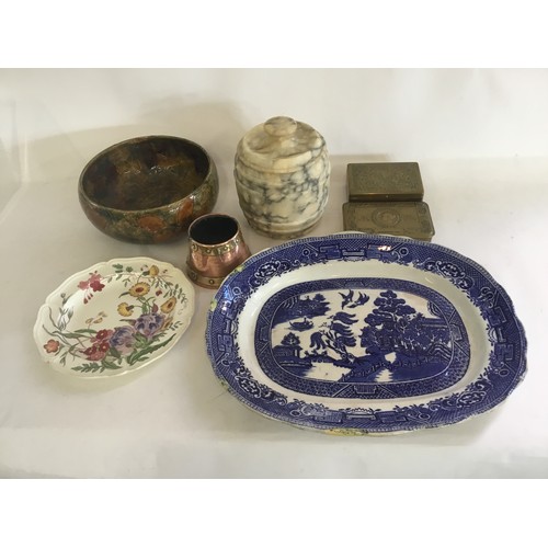 472 - A Marble Circular Barrel, Royal Doulton Bowl, Plates, Dishes, 1914 Brass Cigarette Box & a Stamped I... 