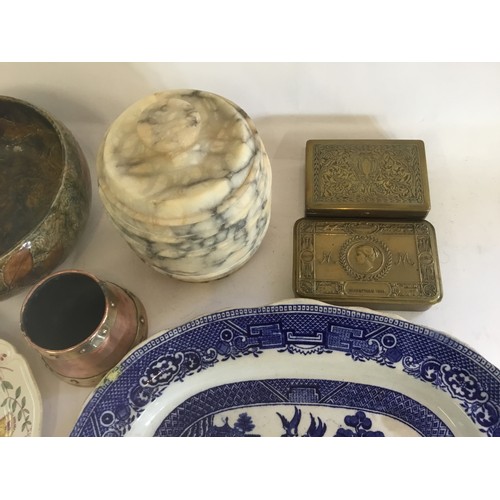 472 - A Marble Circular Barrel, Royal Doulton Bowl, Plates, Dishes, 1914 Brass Cigarette Box & a Stamped I... 