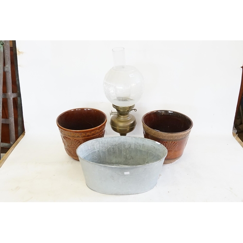 476 - A Brass Oil Lamp with Funnel & Shade, Two Jardiniere's & a Wine Cooler.