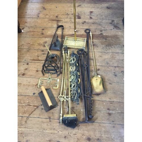 486 - A Collection of Brass & Iron Fire Hearth Sets including a stand, Martingales, Irons, Bacon Press, St... 