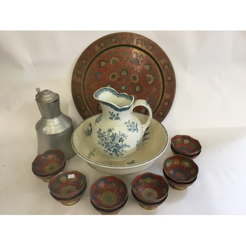 488 - An Indian Brass & Enamelled Tea Tray & a Set of 12 Bowls along with an Aluminium Tappet Hen & a Blue... 