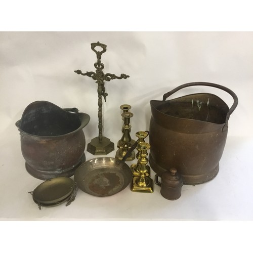 491 - Two Copper Coal Scuttles, Brass Scales, Georgian Candlesticks, Tinder Mug, etc.