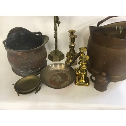 491 - Two Copper Coal Scuttles, Brass Scales, Georgian Candlesticks, Tinder Mug, etc.