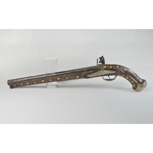 506 - A French Ottoman Empire Flintlock Pistol with Floral engraved Barrel, Silver inlay with gilt bosses,... 