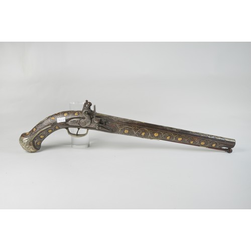 506 - A French Ottoman Empire Flintlock Pistol with Floral engraved Barrel, Silver inlay with gilt bosses,... 