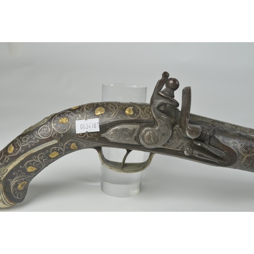 506 - A French Ottoman Empire Flintlock Pistol with Floral engraved Barrel, Silver inlay with gilt bosses,... 