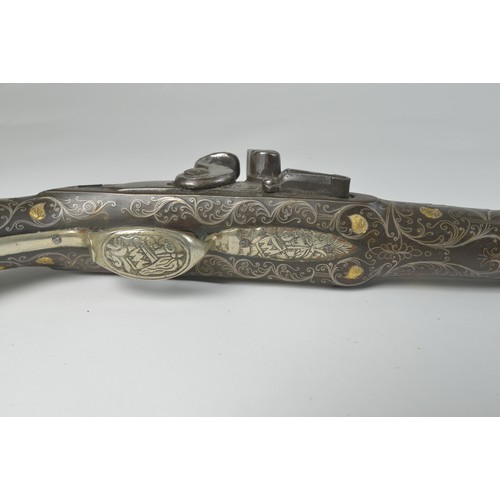 506 - A French Ottoman Empire Flintlock Pistol with Floral engraved Barrel, Silver inlay with gilt bosses,... 