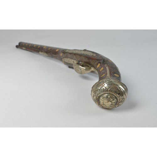 506 - A French Ottoman Empire Flintlock Pistol with Floral engraved Barrel, Silver inlay with gilt bosses,... 