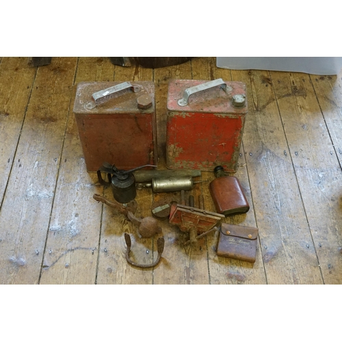 531 - Two Vintage Petrol Cans, Oil Pumps, Vice, Door Knocker, etc.