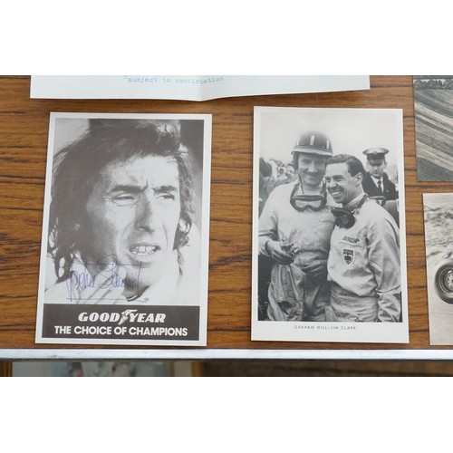 532 - A Signed Jackie Stewart Photo, a 1929 Brooklands Motor Course Entry Form, Racing Post Cards, Posters... 