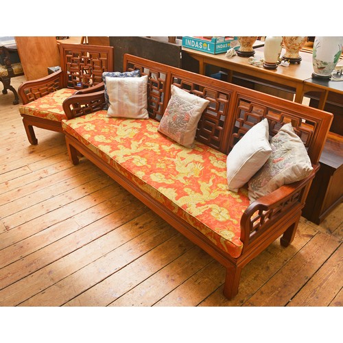 570 - A Chinese Endless Bow decorated Settee resting on square legs & swept out arms & a matching Chair. S... 