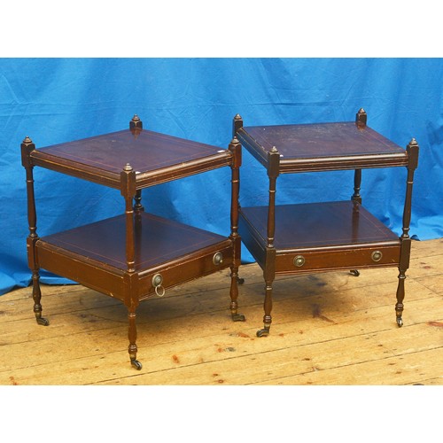 589 - A Pair of Mahogany Line inlaid Lamp Tables on Castors. Measuring: 46cms across x 46cms deep x 61cms ... 