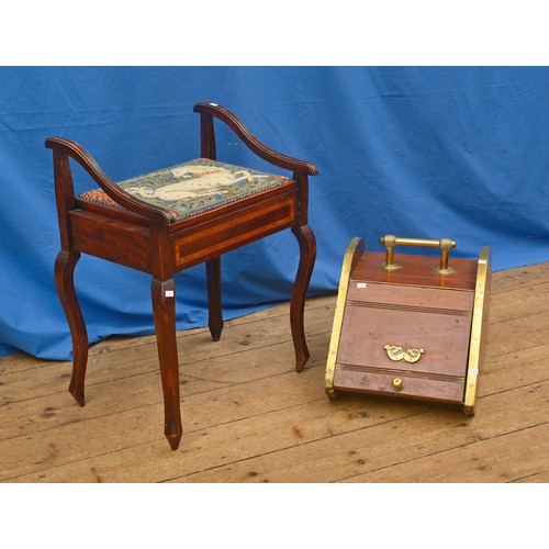 591 - A Mahogany Music Stool & an Edwardian Brass bound Coal Bucket.