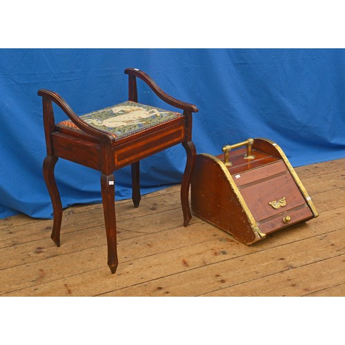 591 - A Mahogany Music Stool & an Edwardian Brass bound Coal Bucket.