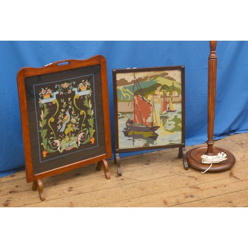 592 - Two Tapestry Fire Guards in Wood Frames & a Standard Lamp in Beech.