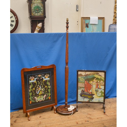 592 - Two Tapestry Fire Guards in Wood Frames & a Standard Lamp in Beech.