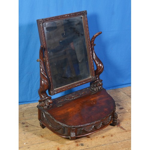 599 - A Continental Swing Framed Dressing Table Mirror resting on a curved Swan's Neck Stand with a carved... 