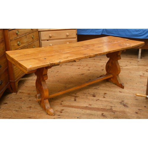 612 - A Swiss design Elm Refectory Table on shaped ends & Cross Stretcher. Measuring: 175cms long x 68cms ... 