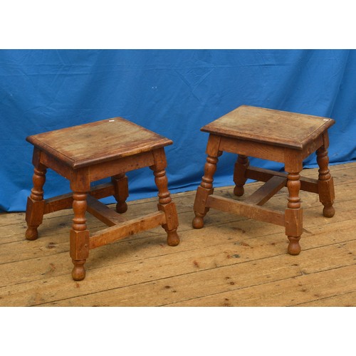 613 - A Pair of Quarter Cut Oak Joint Stools with turned legs & Cross Stretchers. Measuring: 36cms x 43cms... 