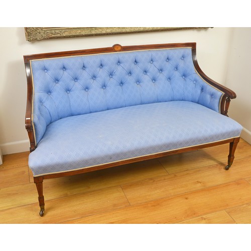 618 - An Edwardian Mahogany Shell inlaid Drawing Room Settee with open turned arms, square legs & Spade Fe... 