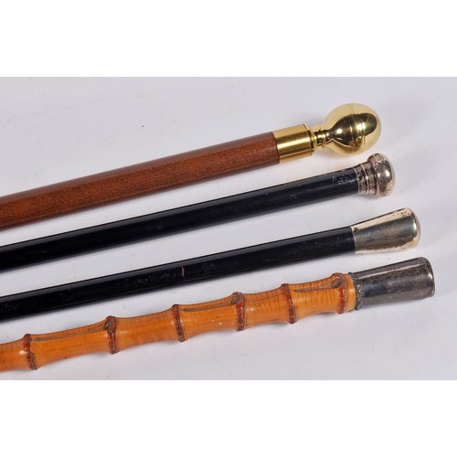 635 - Three Silver mounted Walking Sticks along with a modern Brass mounted Drinker's Walking Stick.