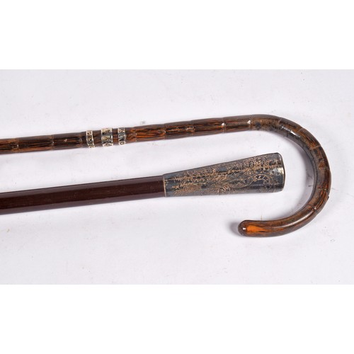 642 - A French Silver mounted & engraved Walking Stick along with a Shepherd's Crook & Palm Wood Walking S... 