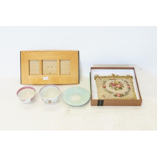 669 - A French Petit Point Handbag set with various coloured Gems, two Tea Bowls & a Frame.