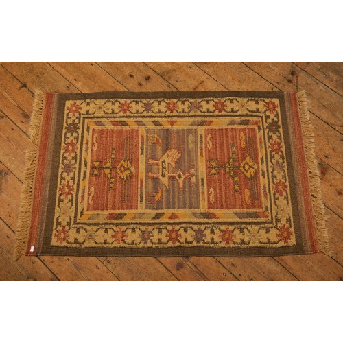 692 - A Rust & Olive Green Double Bordered Barber's Pole & Triple Central Medallion Rug. Measuring: 122cms... 