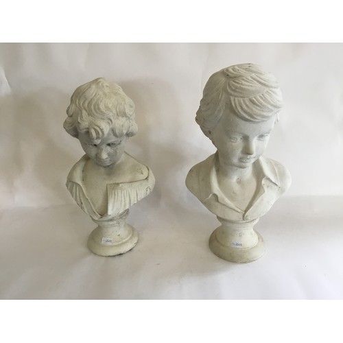 711 - Two Garden Concrete Busts of a Boy & Girl. Measuring: 36cms & 34cms.