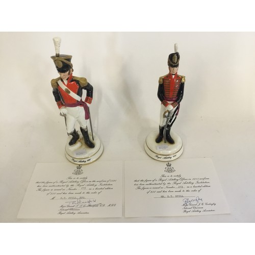 735 - A Michael Sutty Porcelain figure of the Royal Artillery 1815 & one other 1820 with Certificates numb... 