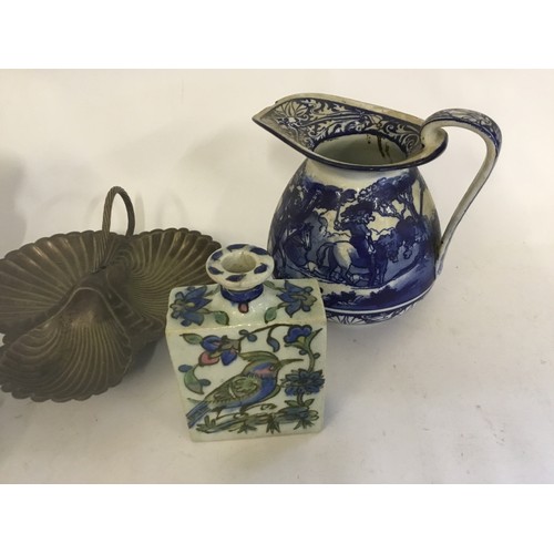 768 - A Fiance Bird Decorated Spirit Flask, Two Blue & White Jugs (AF) & two Silver Plated items.