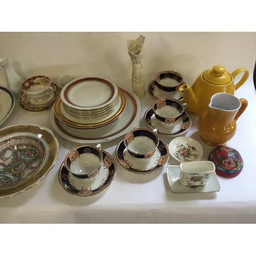 789 - An Indian Box, Russian Bowl, Tea Cups, Saucers, Bone Carving, etc.