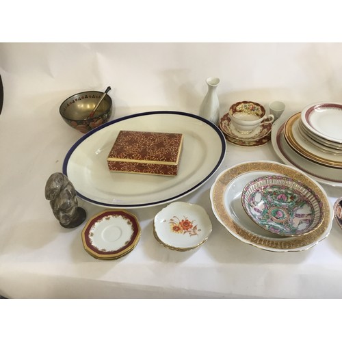 789 - An Indian Box, Russian Bowl, Tea Cups, Saucers, Bone Carving, etc.