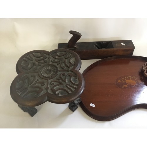 818 - An Edwardian Kidney shaped Drink's Tray with a Shell centre, an Indian Table stand, Plane, etc.