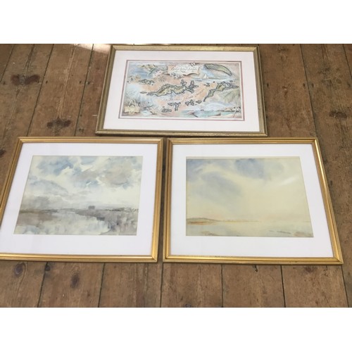 856 - An Arthur Norris water Colour of Winter Morning, one other & a Map of the British Virgin Isles, all ... 