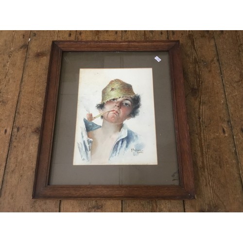 872 - An Italian School Water Colour of a Cheeky Young Boy smoking a Pipe, signed Sapiszio, Framed & Glaze... 