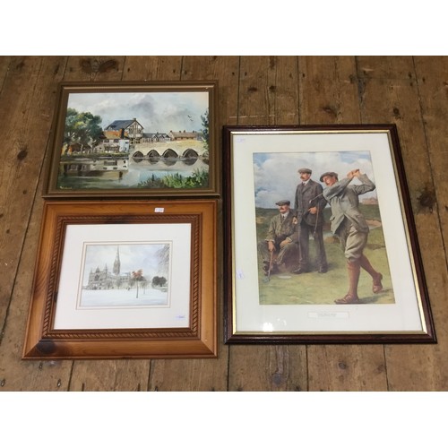 878 - An Oil Painting of Fordingbridge, a Print of the Golfers & a Rex Trayhorne Print.