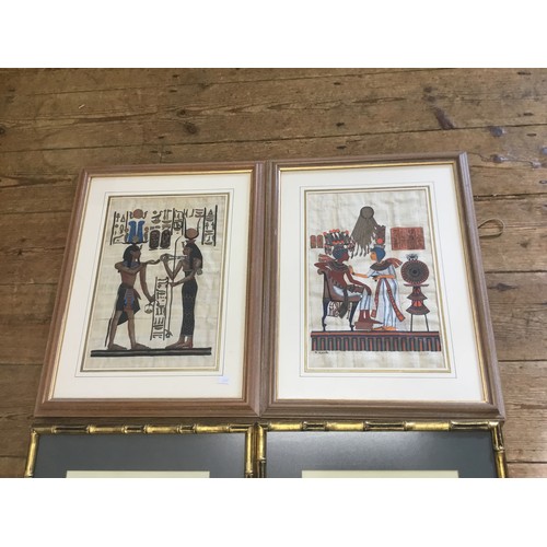 882 - A Pair of Chinese Silk embroidered Pictures with Reflective Glass & Verse along with a pair of Egypt... 