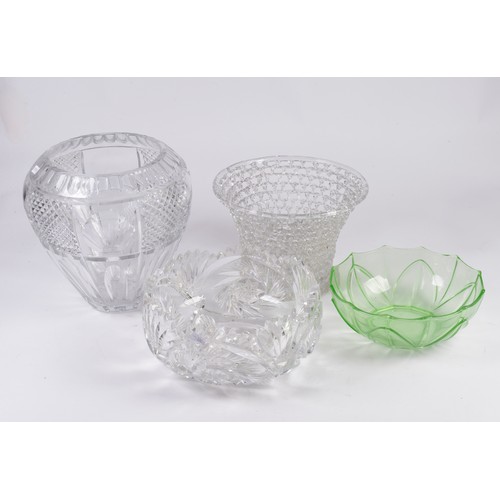 938 - A Heavy Scissors & Thumb Faceted Cut Glass Vase & a similar Frilled Edge & Cut Bowl.