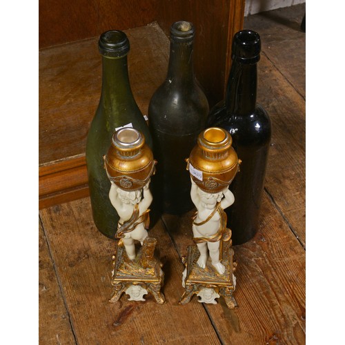 939 - A Late 18th Century Glass Blown Bottle, Two Green Glass Bottles  & a Pair of Italian Resin Candlesti... 