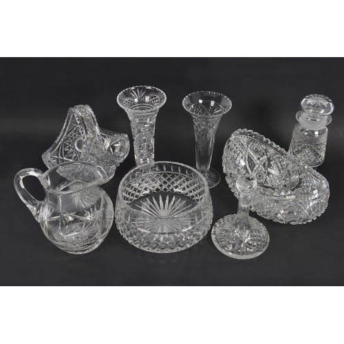 942 - A Cut Glass Jug with floral spray, a Cut Glass similar Basket, Two Vases, Heavy Cut Glass Flower Bow... 