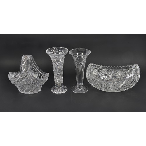 942 - A Cut Glass Jug with floral spray, a Cut Glass similar Basket, Two Vases, Heavy Cut Glass Flower Bow... 