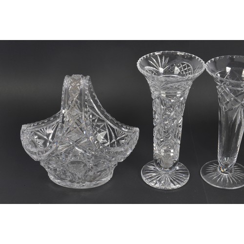 942 - A Cut Glass Jug with floral spray, a Cut Glass similar Basket, Two Vases, Heavy Cut Glass Flower Bow... 