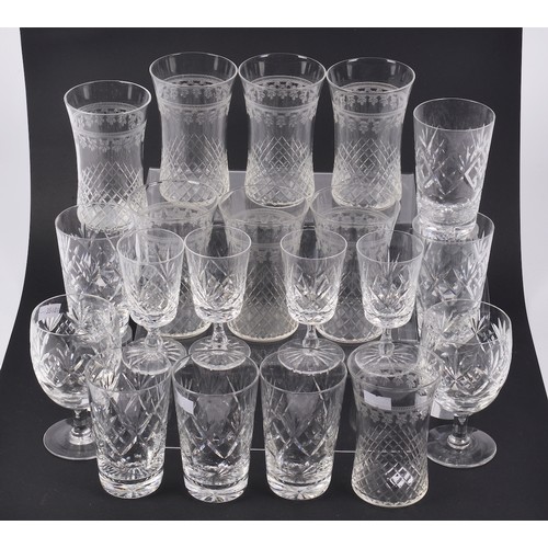 945 - A Set of Six Scissor Cut Whiskey Glasses, Eight engraved Cut Water Glasses, etc.