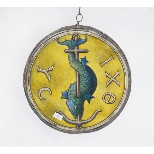 956 - A 19th Century Stained Glass Roman design Fish & Anchor painted panel in a lead frame with the verse... 