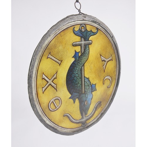 956 - A 19th Century Stained Glass Roman design Fish & Anchor painted panel in a lead frame with the verse... 